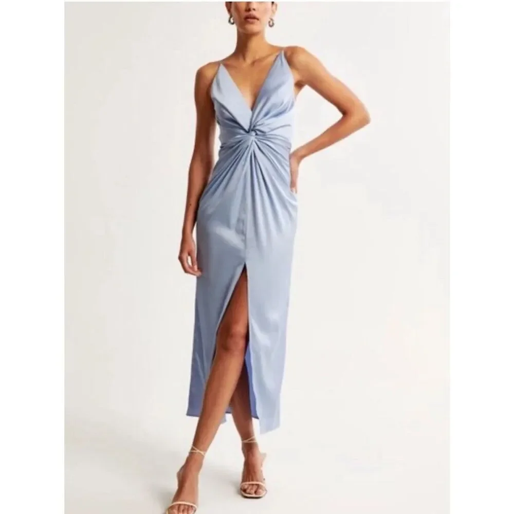 Abercrombie & Fitch Light Blue Satin Twist-Front Slit Maxi Dress